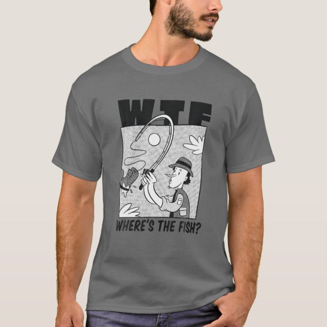 Camiseta WTF Onde está o Peixe, Engraçado Pescador Barco de (Frente)