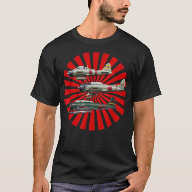 Camiseta WW2 Varaviaves Aviões A6M2 Zero D3A1 Val B5N2 Kat (Frente)