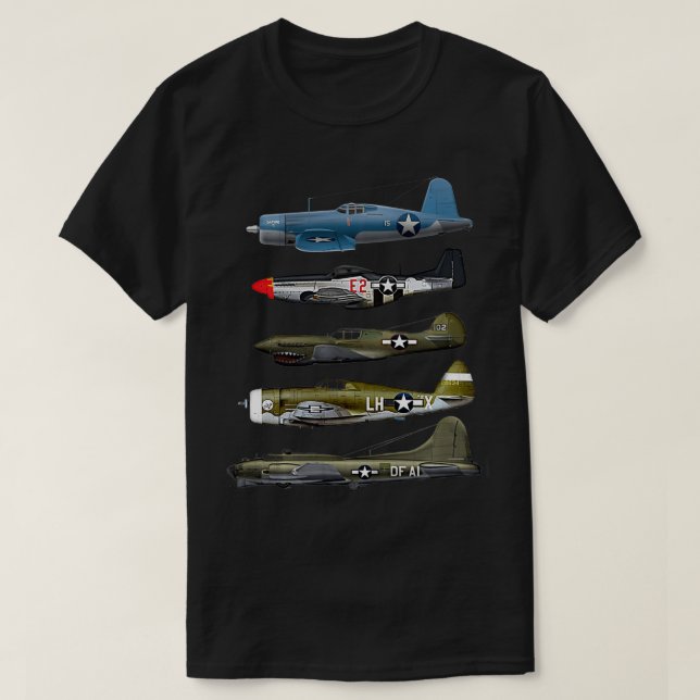 Camiseta WW2 Warplane B17 P51 Mustang F4U Corsair P40 Warha (Frente do Design)