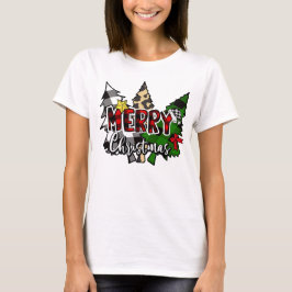 Camiseta Xadrez de Búfalo Feliz Natal com Pinheiro