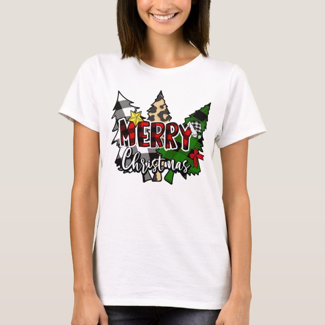 Camiseta Xadrez de Búfalo Feliz Natal com Pinheiro (Frente)