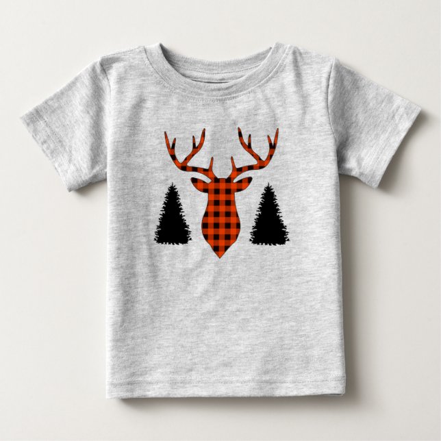 Camiseta Xadrez de Búfalo Veado Árvores de Pinheiro (Frente)
