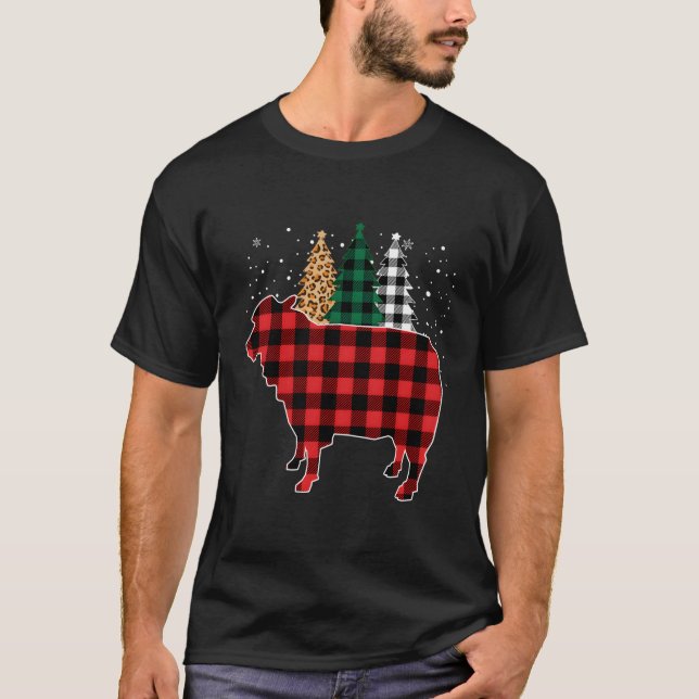 Camiseta Xadrez de búfalos Árvore Leopardo Impressão Natal  (Frente)