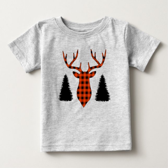 Camiseta Xadrez de Buffalo, Buck Deer Pine Trees (Frente)
