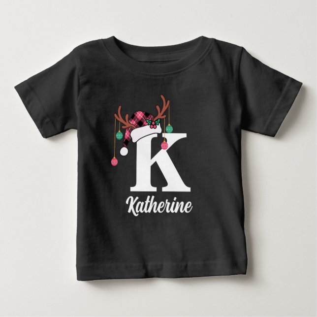 Camiseta Xadrez de Natal da Família Monograma Personalizada (Frente)