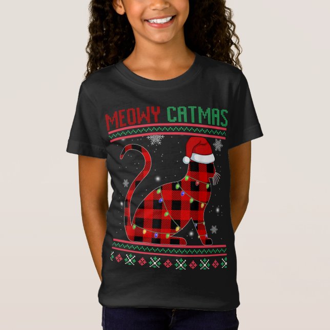 Camiseta Xadrez de Natal Meowy Gatinho Gatinho Gatinho Frio (Frente)