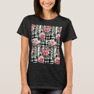 Camiseta Xadrez Preto e Branco Com Camélias Rosadas Folhuda