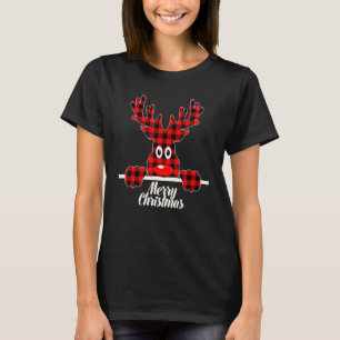 Camiseta Xadrez Red & Black Buffalo Reindeer Deer Feliz Chr
