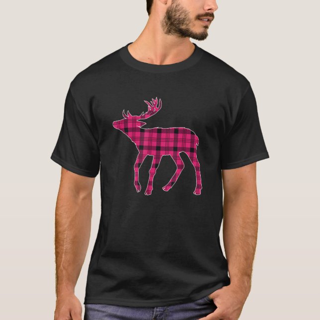 Camiseta Xadrez Rosa Buffalo Deer Reindeter Cabeça De Natal (Frente)