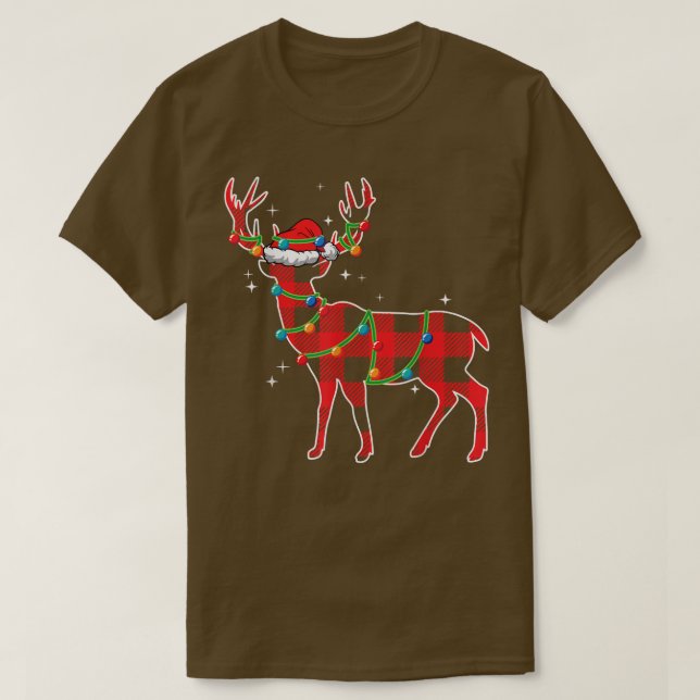 Camiseta Xadrez Vermelha Buffalo Deer Natal Pijamas Xmas Li (Frente do Design)