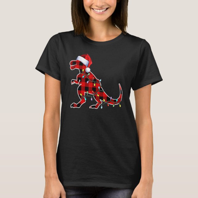 Camiseta Xadrez Vermelha Dinossauro Rex Luzes de Natal Árvo (Frente)