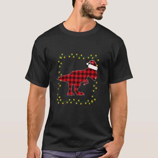 Camiseta Xadrez Vermelha Dinossauro T Rex Luzes de Natal Pi (Frente)
