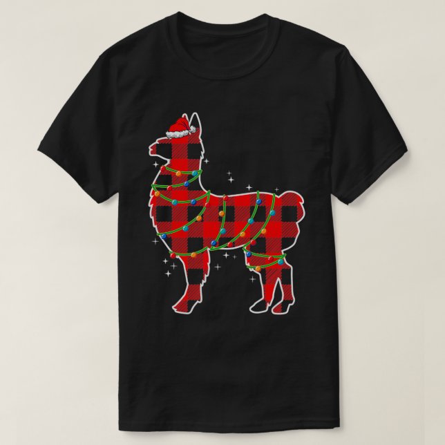 Camiseta Xadrez Vermelha Llama Natal Luzes Engraçadas Papai (Frente do Design)
