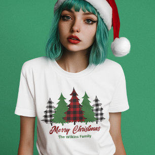 Camiseta Xadrez Vermelha Rústica Árvores de Natal Feliz Mul