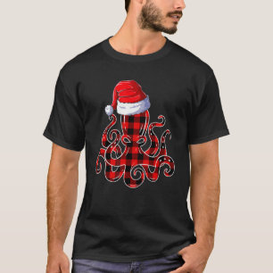 Camiseta Xadrez Vermelha Santa Hat Octopus Roupa de Natal
