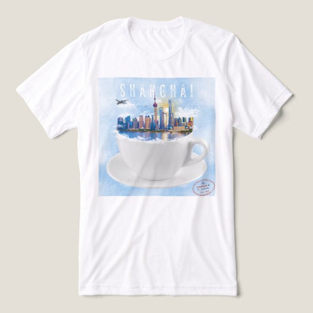 Camiseta Xangai em Teacup - Arte Skyline Futurística (Design frontal)