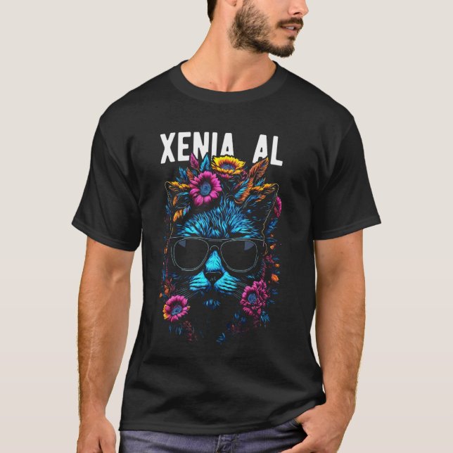 Camiseta Xenia AL EUA Gato Usando Óculos de Sol e Flores De (Frente)
