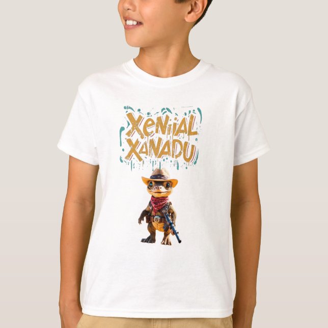 Camiseta Xenial Xanadu: Dinossauros Cowboy Adoráveis (Frente)