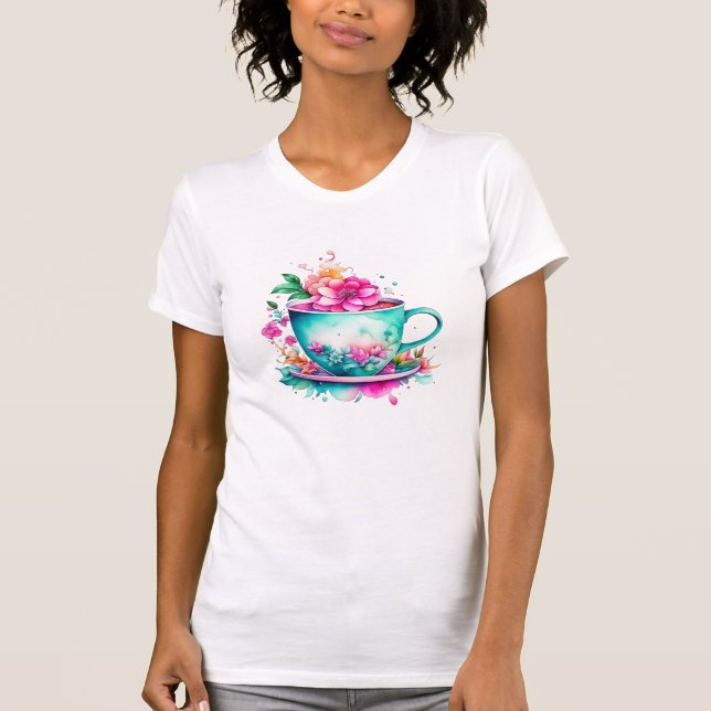 Camiseta Xícara de café antiga com flores rosa e laranja (Frente)