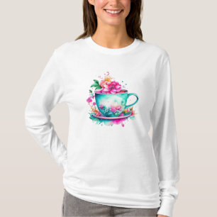 Camiseta Xícara de café antiga com flores rosa e laranja