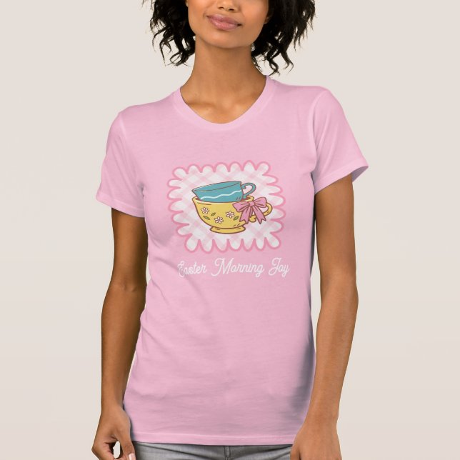 Camiseta Xícaras de Chá Alegria da Manhã de Páscoa Gingham  (Frente)
