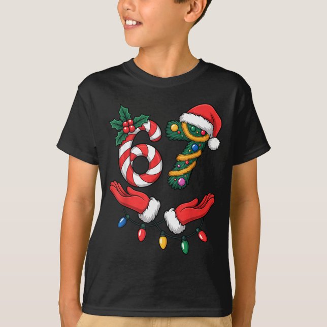 Camiseta Xmas 67 Hands Gesture Candy Canes Santa Holiday Ki (Frente)