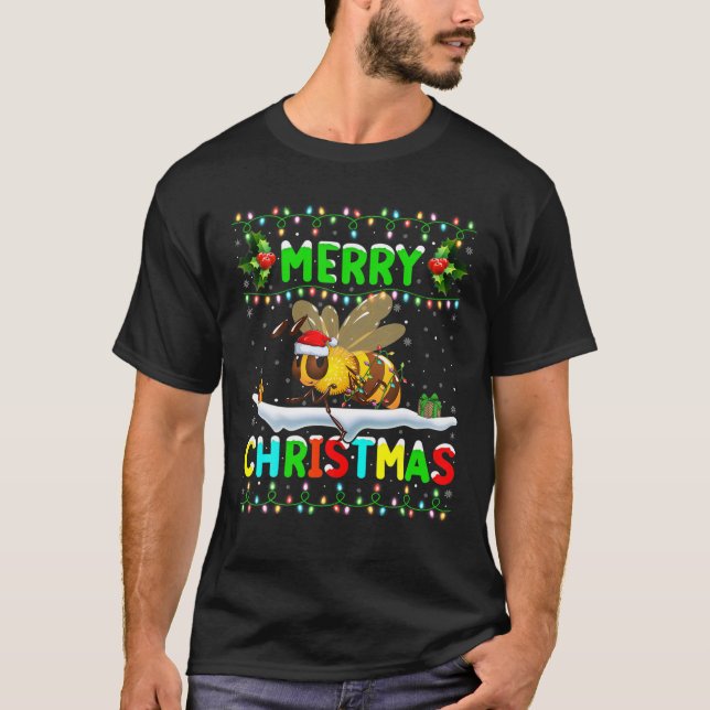 Camiseta Xmas Bumble Bee Lighting Papais noeis Feliz Bum de (Frente)