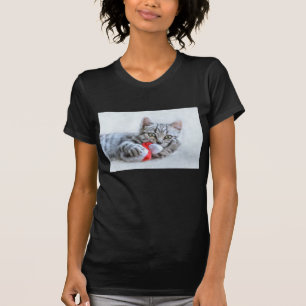 Camiseta Xmas cinzento bonito do chapéu do Natal do gato d