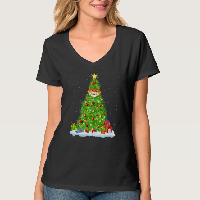Camiseta Xmas Decorations Lights Santa Cat Christmas Tree   (Frente)