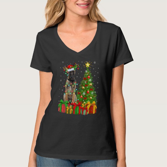 Camiseta Xmas Holiday Light Santa Belgian Malinois Dog Chri (Frente)
