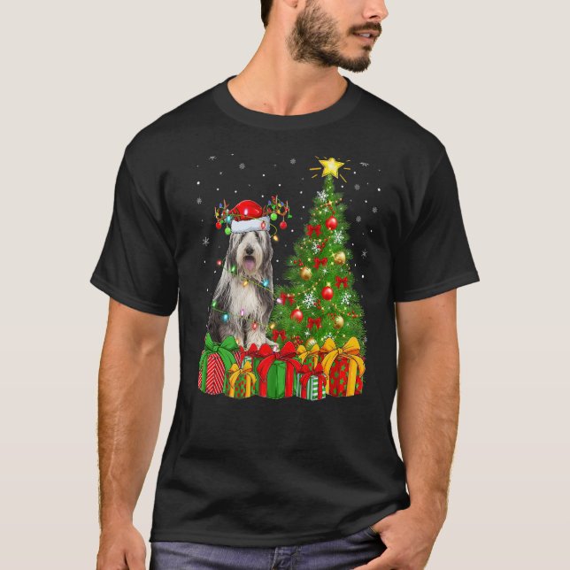 Camiseta Xmas Holiday Lights Santa Bearded Collie Dog Chris (Frente)