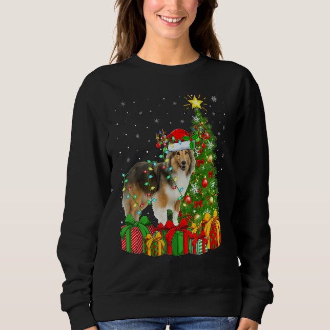Camiseta Xmas Holiday Lights Santa Sheltie Dog Christmas Tr (Frente)