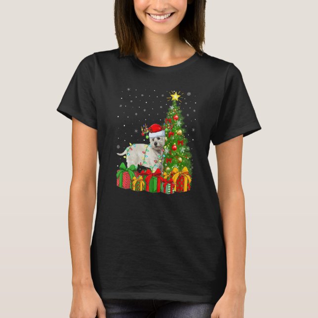 Camiseta Xmas Holiday Lights Santa Westie Dog Christmas Tre (Frente)