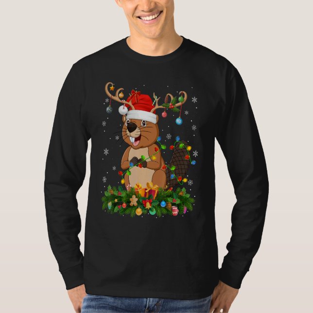 Camiseta Xmas Holiday Reindeer Hat Santa Beaver Christmas (Frente)