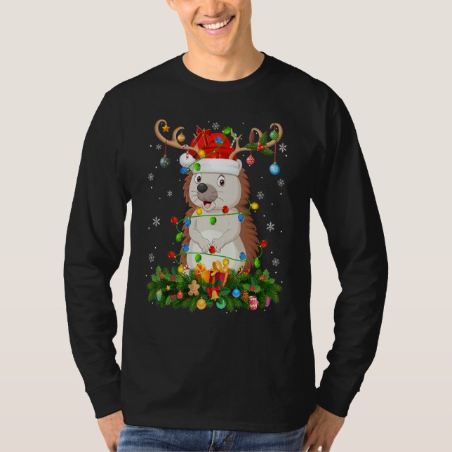 Camiseta Xmas Holiday Reindeer Hat Santa Hedgehog Christmas (Frente)