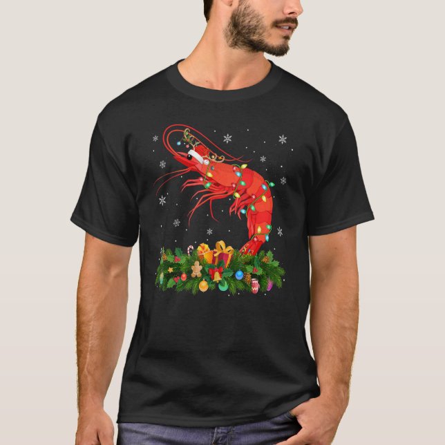 Camiseta Xmas Holiday Reindeer Hat Santa Shrimp Fish Christ (Frente)