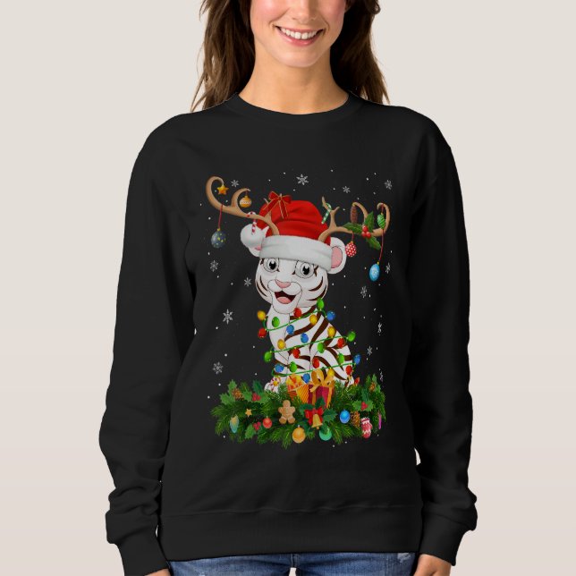 Camiseta Xmas Holiday Reindeer Hat Santa White Tiger Christ (Frente)