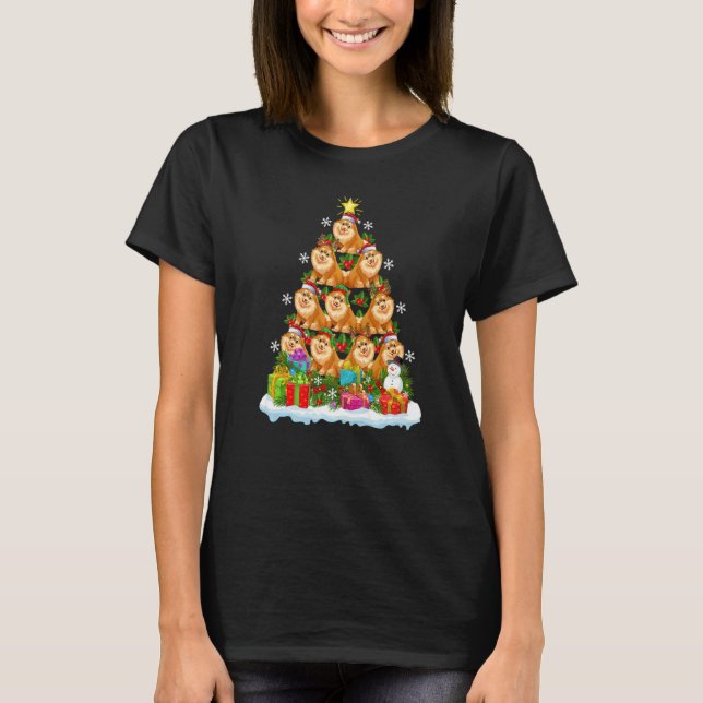 Camiseta Xmas Holiday  Santa Pomeranian Dog Christmas Tree (Frente)