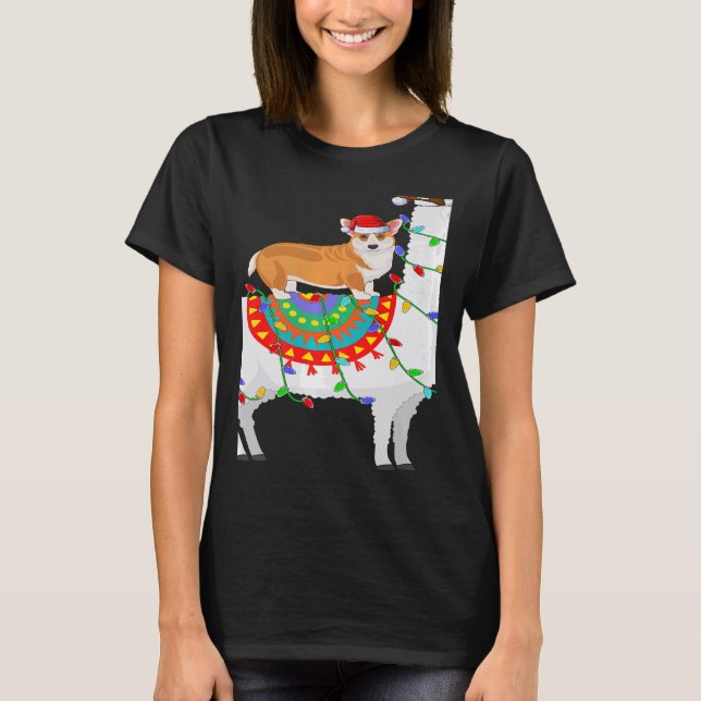 Camiseta Xmas Lighting Corgi Dog Riding Llama Christmas (Frente)