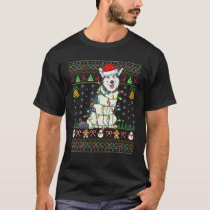 Camiseta Xmas Lighting Santa Hat Alaskan Malamute Dog Ugly