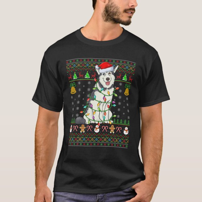 Camiseta Xmas Lighting Santa Hat Alaskan Malamute Dog Ugly (Frente)