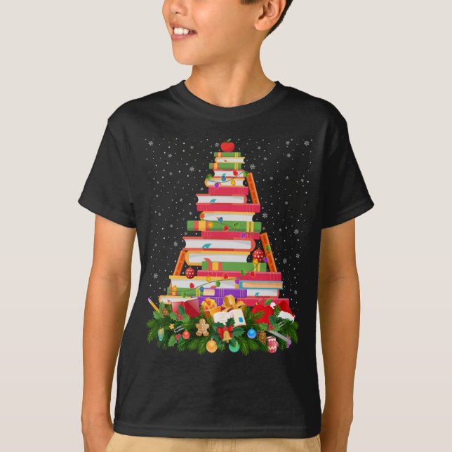 Camiseta Xmas Lighting Santa Hat Bibliotecário Livro Natal  (Frente)