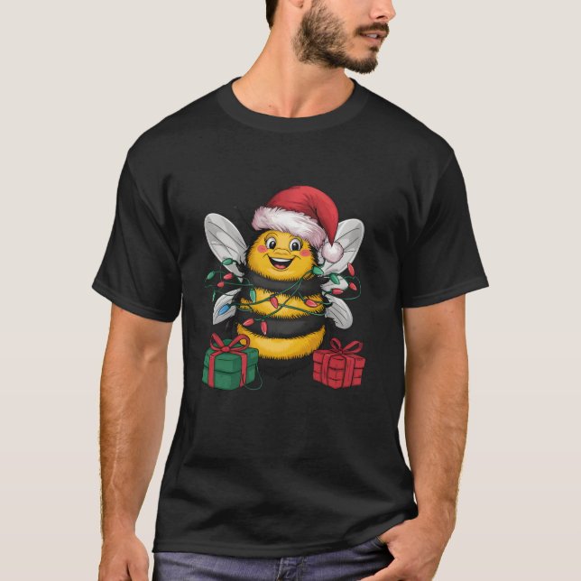 Camiseta Xmas Lighting Santa Hat Bumble Bee Christmas (Frente)