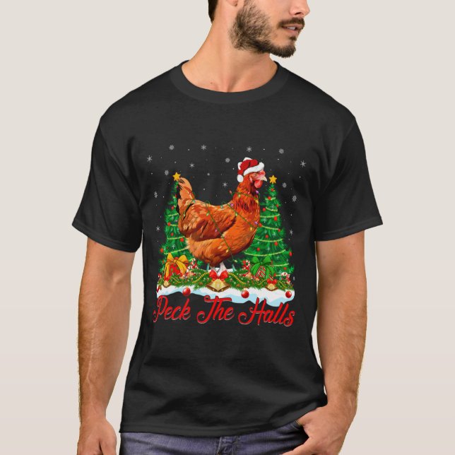 Camiseta Xmas Lighting Santa Hat Chicken Christmas Tree  (Frente)