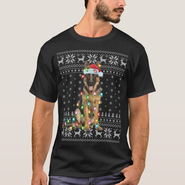 Camiseta Xmas Lighting Santa Hat German shepherd feio Chris (Frente)