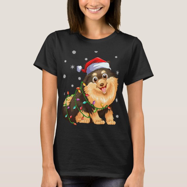 Camiseta Xmas Lighting Santa Hat Pomeranian (Frente)