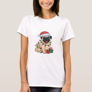 Camiseta Xmas Lighting Santa Hat Pug Dogs Natal