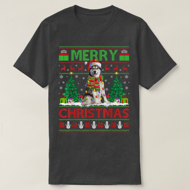 Camiseta Xmas Lighting Santa Hat Ugly Alaskan Malamute Chri (Frente do Design)