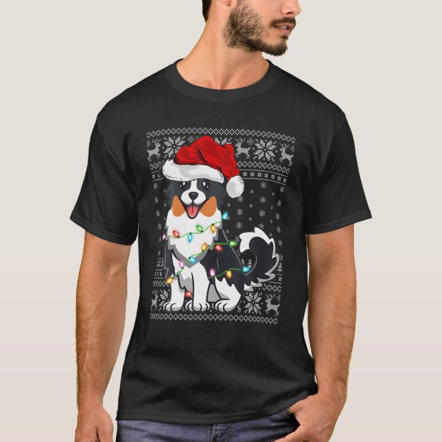 Camiseta Xmas Lighting Santa Hat Ugly Australian Shepherd C (Frente)