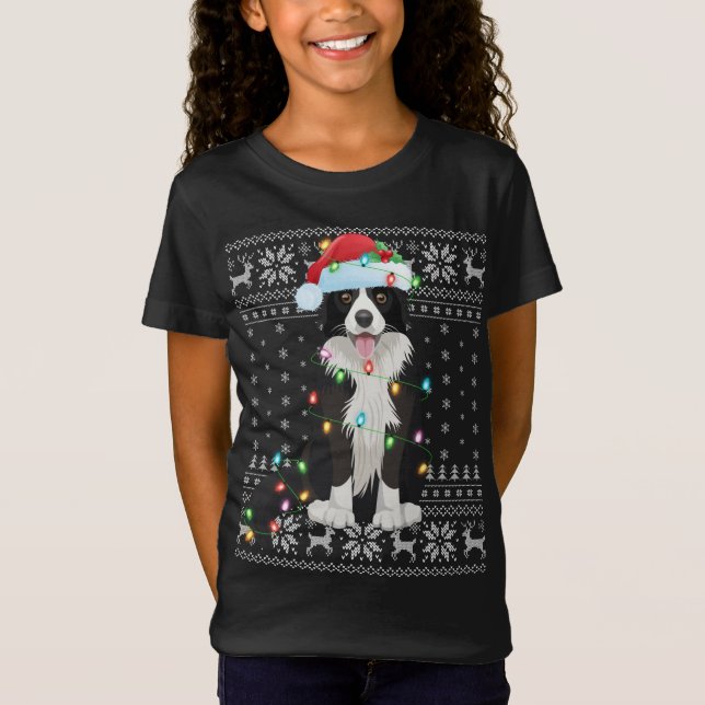 Camiseta Xmas Lighting Santa Hat Ugly Border Collie Christm (Frente)